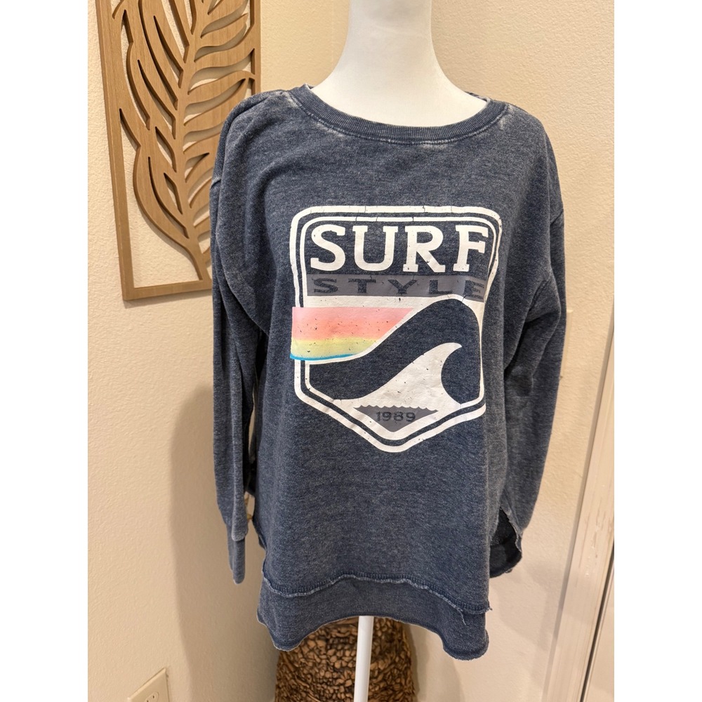 Surf Style 1989 Graphic Sweatshirt Blue Washed High Low Pullover Womens Medium